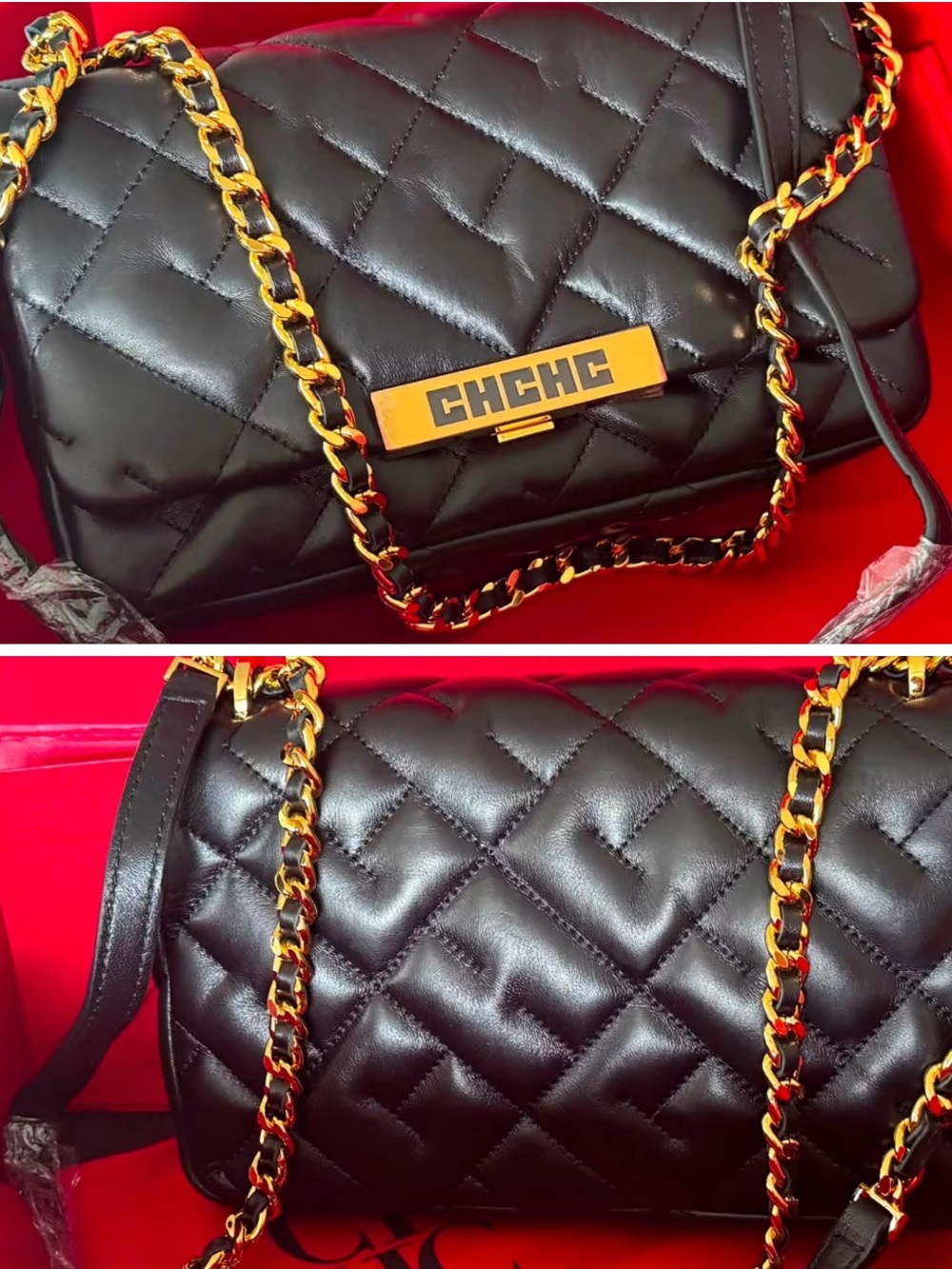 New Carolina Herrera Bimba Black Quilted Shoulder Bag with Gold Chain leather